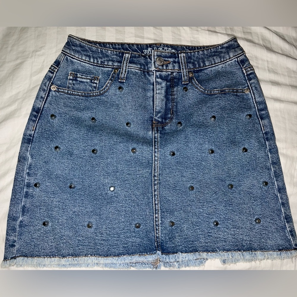 Blue Denim mini studded skirt with frayed hemline